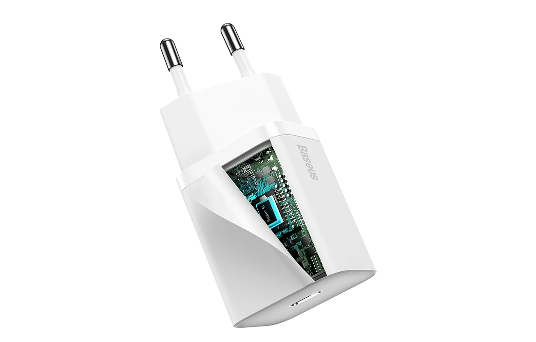 Baseus Sieninis įkroviklis Super Si 20W USB-C QC3.0 PD su Lightning 1m laidu, baltas aprašymas - Prekės nuotrauka