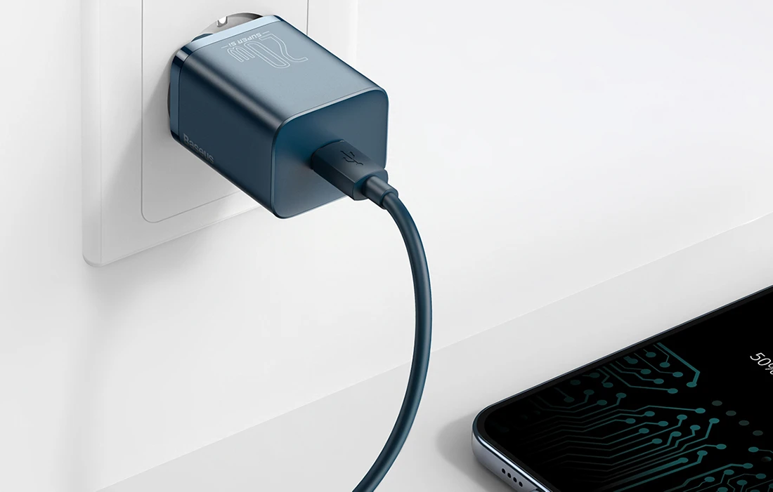 Baseus Super Si 1C 20W greitas sieninis įkroviklis su 1m USB-C - Lightning kabeliu - Mėlynas aprašymas - Prekės nuotrauka
