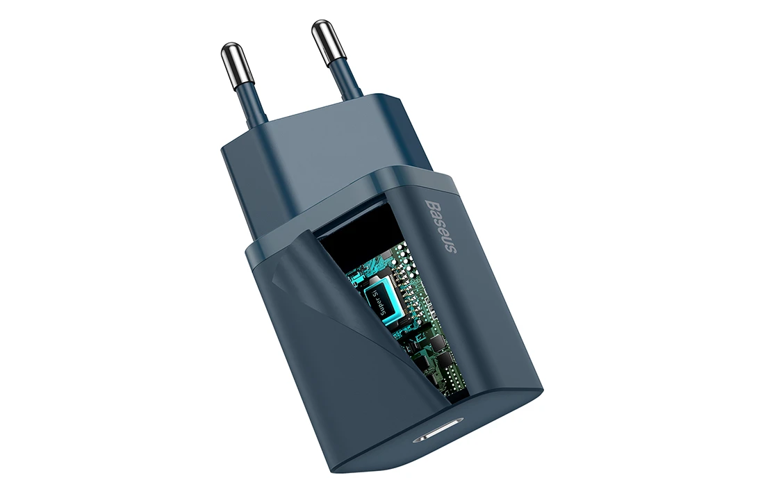 Baseus Super Si 1C 20W greitas sieninis įkroviklis su 1m USB-C - Lightning kabeliu - Mėlynas aprašymas - Prekės nuotrauka