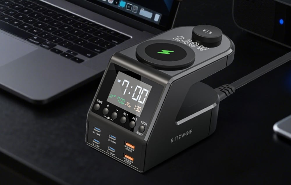 Blitzwolf BW-FW10 žadintuvas su įkrovikliu 2xUSB-A, 4xUSB-C, 240W aprašymas - Prekės nuotrauka