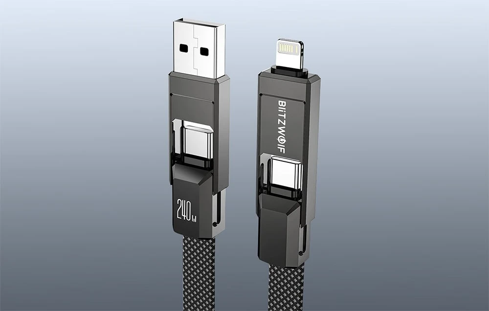 Blitzwolf BW-HDC7 4-in-1 USB+C+Lightning kabelis 240W 1.2m juodos spalvos aprašymas - Prekės nuotrauka