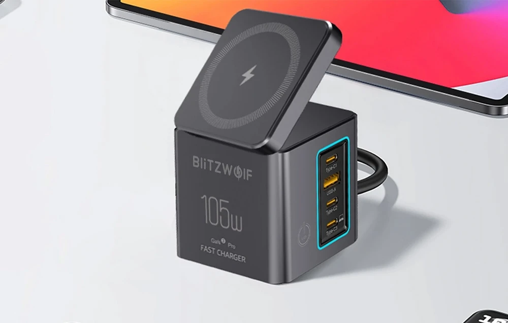 „Blitzwolf BW-i113 GaN“, USB-A, 3xUSB-C, 105W tinklo įkroviklis aprašymas - Prekės nuotrauka