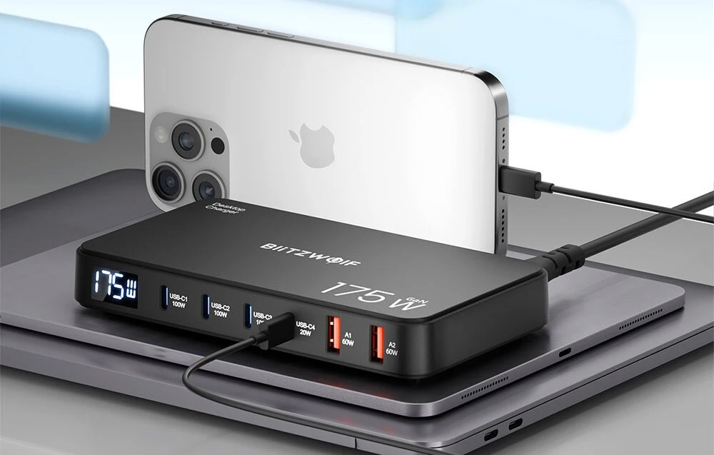 Blitzwolf BW-S30 6 viename įkrovimo stotelė, 4xUSB-C + 2xUSB, 175W aprašymas - Prekės nuotrauka