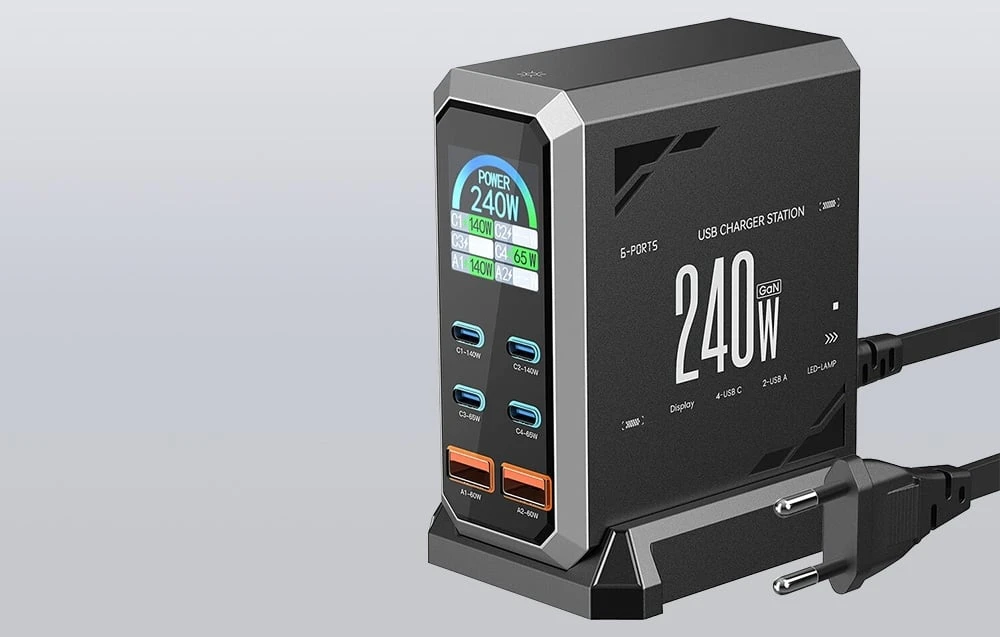 „Blitzwolf BW-S31“ 2xUSB-A, 4xUSB-C, PD, 240 W tinklo įkroviklis. aprašymas - Prekės nuotrauka „Blitzwolf BW-S31“ 2xUSB-A, 4xUSB-C, PD, 240 W tinklo įkroviklis. aprašymas - Prekės nuotrauka