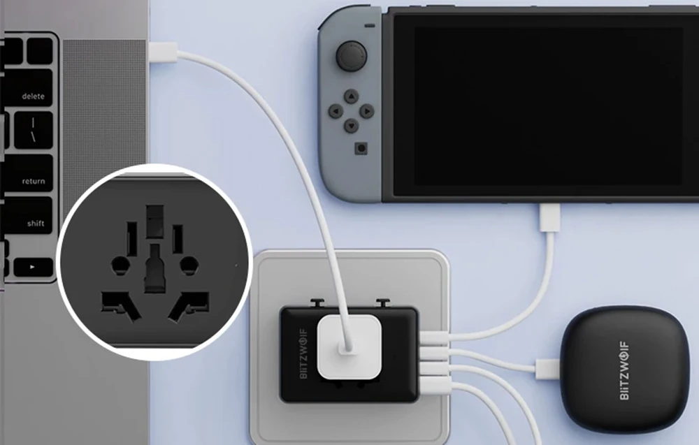 Blitzwolf BW-TA1 4 viename kelioninis adapteris su 2 USB + C + PD 20W aprašymas - Prekės nuotrauka Blitzwolf BW-TA1 4 viename kelioninis adapteris su 2 USB + C + PD 20W aprašymas - Prekės nuotrauka