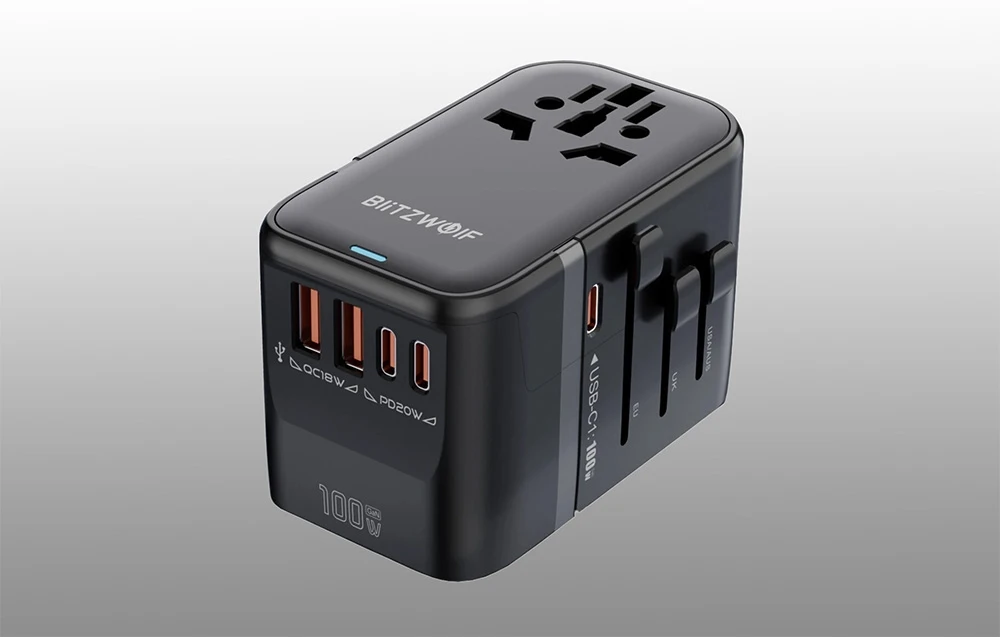 „Blitzwolf BW-TA2 5-in-1“ kelioninis adapteris su 2 USB PD + 2 C QC + C GaN 100W aprašymas - Prekės nuotrauka