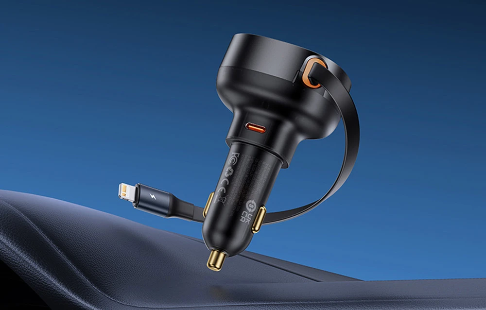 Automobilinis įkroviklis Baseus Enjoyment Pro su žaibo laidu + USB-C , 55 W (juodas) aprašymas - Prekės nuotrauka
