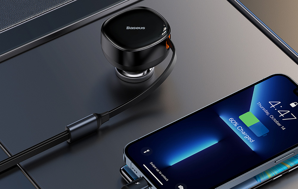 Baseus Enjoyment automobilinis įkroviklis su kabeliu USB-C + Lightning 3A 30W - juodas aprašymas - Prekės nuotrauka