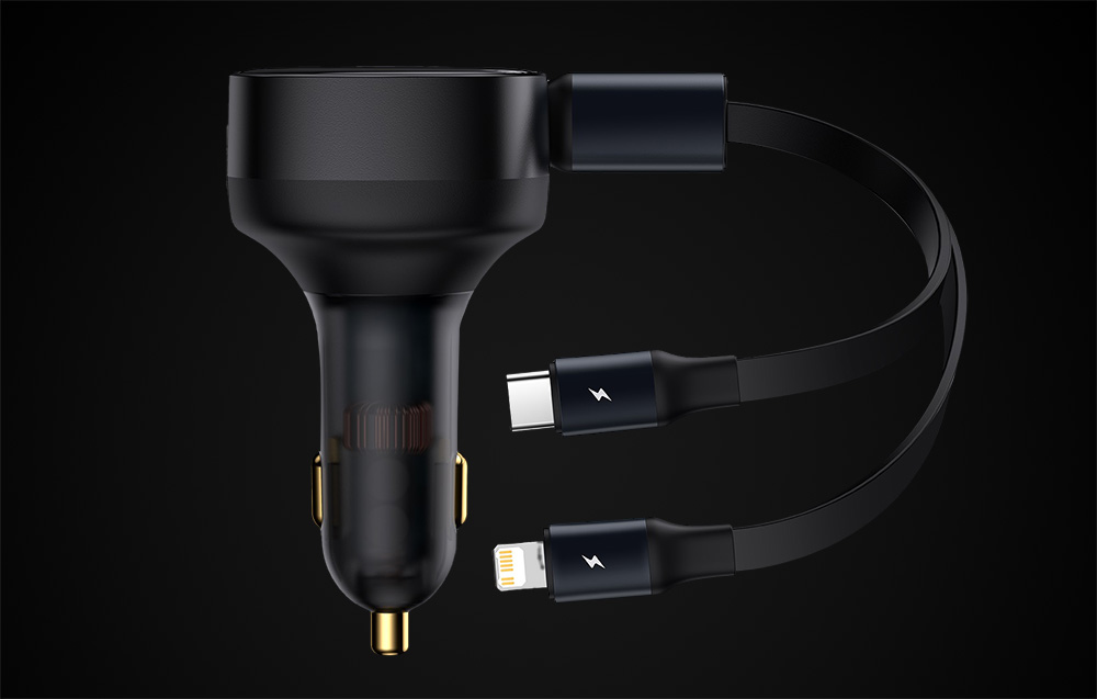 Baseus Enjoyment automobilinis įkroviklis su kabeliu USB-C + Lightning 3A 30W - juodas aprašymas - Prekės nuotrauka