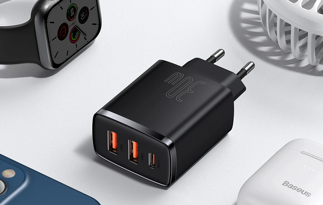 Baseus Sieninis įkroviklis 30W 2xUSB + USB-C QC3.0 PD3.0, juodas aprašymas - Prekės nuotrauka Baseus Sieninis įkroviklis 30W 2xUSB + USB-C QC3.0 PD3.0, juodas aprašymas - Prekės nuotrauka