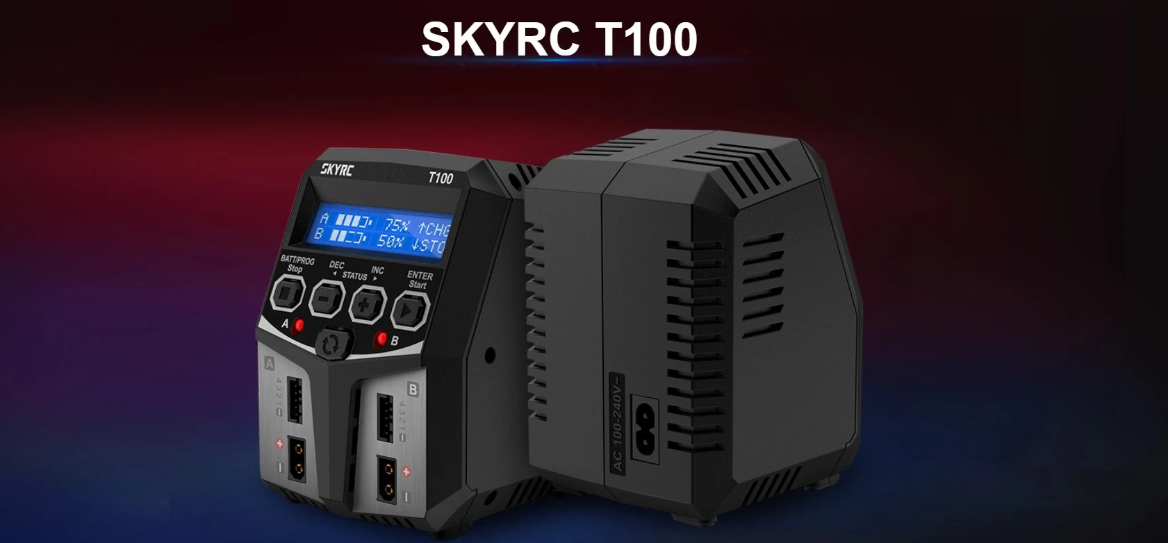 Įkroviklis SkyRC T100 2 x 50W aprašymas - Prekės nuotrauka Įkroviklis SkyRC T100 2 x 50W aprašymas - Prekės nuotrauka