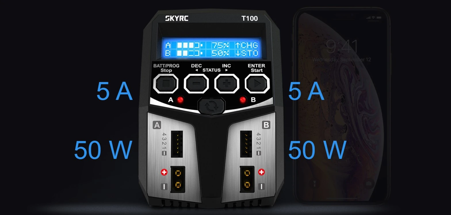 Įkroviklis SkyRC T100 2 x 50W aprašymas - Prekės nuotrauka Įkroviklis SkyRC T100 2 x 50W aprašymas - Prekės nuotrauka