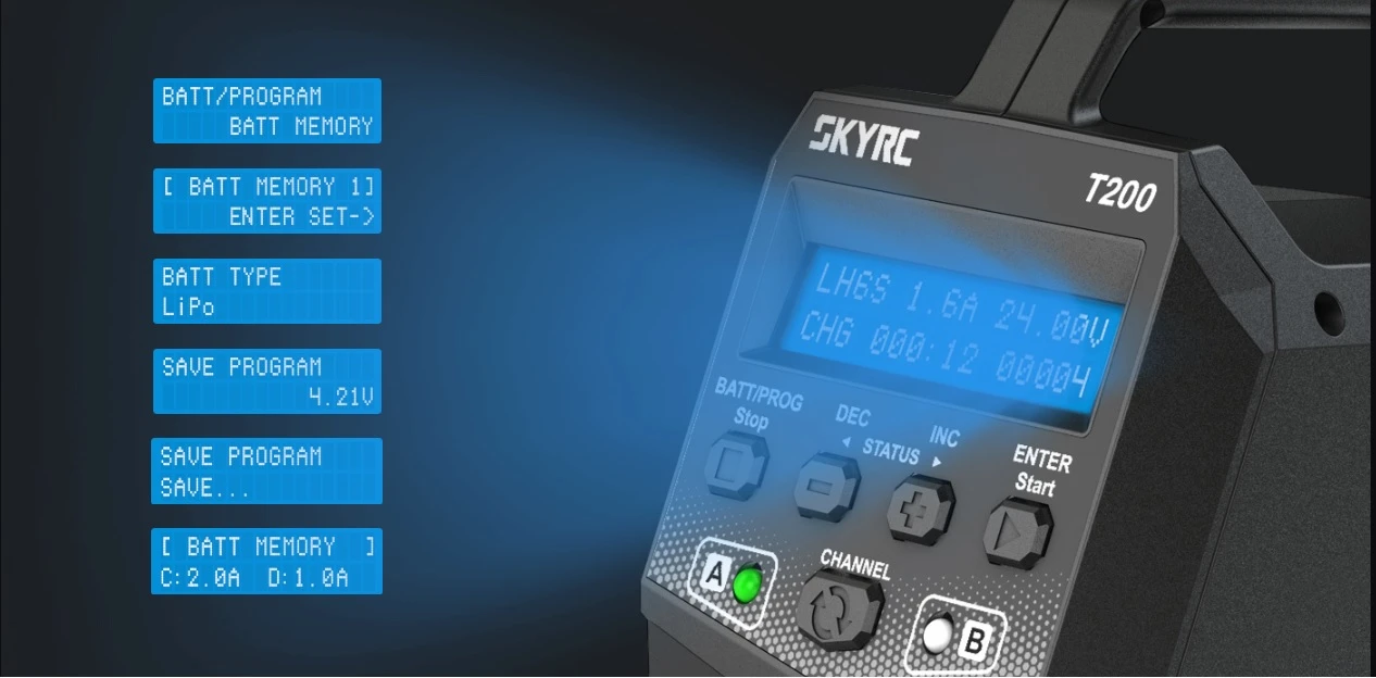 Įkroviklis SkyRC T200 2 x 100W aprašymas - Prekės nuotrauka Įkroviklis SkyRC T200 2 x 100W aprašymas - Prekės nuotrauka