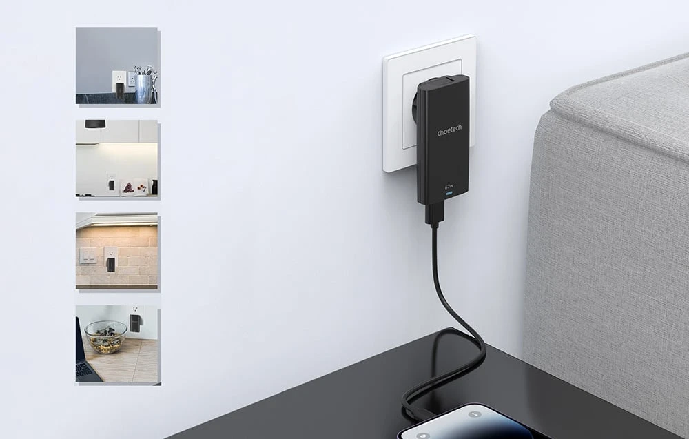 Mini kelioninis sieninis įkroviklis Choetech PD6011 PD65W GaN plonas USB-A+C (juodas) aprašymas - Prekės nuotrauka