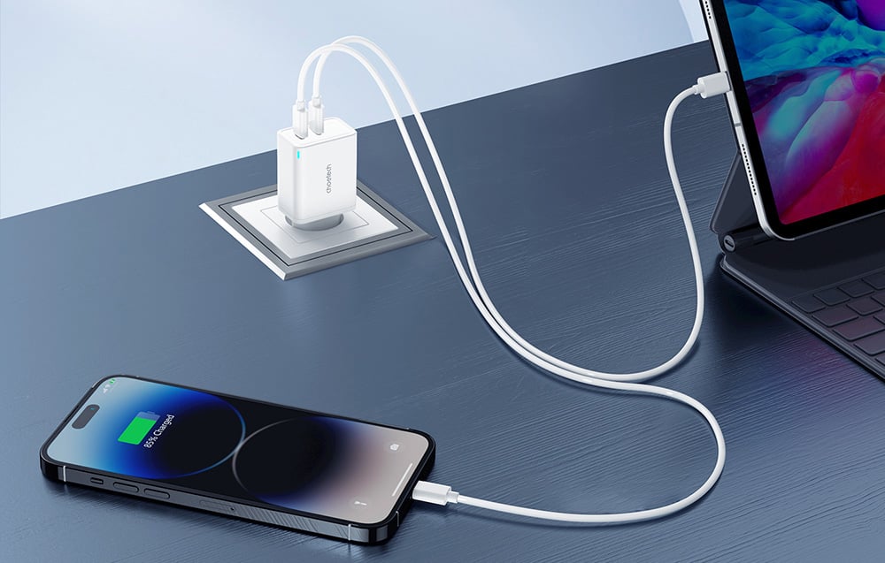 Choetech PD6013, GaN, 2x USB-C, PD65W tinklo įkroviklis (baltas) aprašymas - Prekės nuotrauka