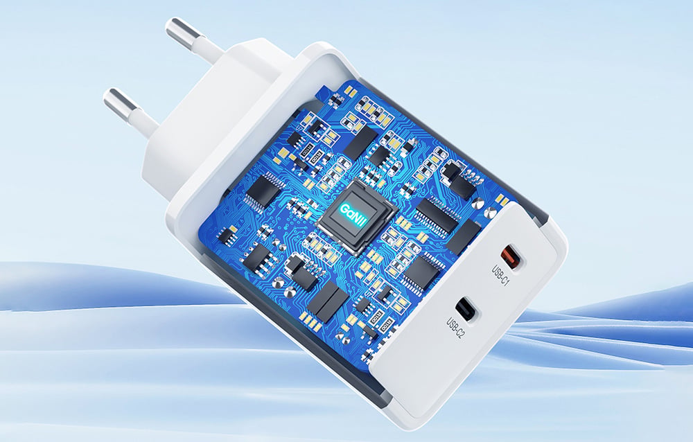 Choetech PD6013, GaN, 2x USB-C, PD65W tinklo įkroviklis (baltas) aprašymas - Prekės nuotrauka