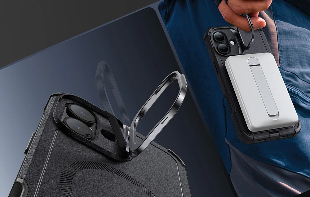 Cyber Tough (HaloLock) ESR dėklas su stovu iPhone 16 Plus (juodas) aprašymas - Prekės nuotrauka