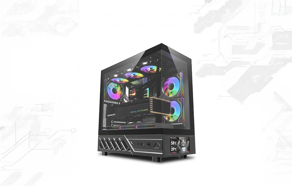 „DarkFlash DS950V“ kompiuterio korpusas su ekranu (juodas) + 6 ventiliatoriais aprašymas - Prekės nuotrauka „DarkFlash DS950V“ kompiuterio korpusas su ekranu (juodas) + 6 ventiliatoriais aprašymas - Prekės nuotrauka