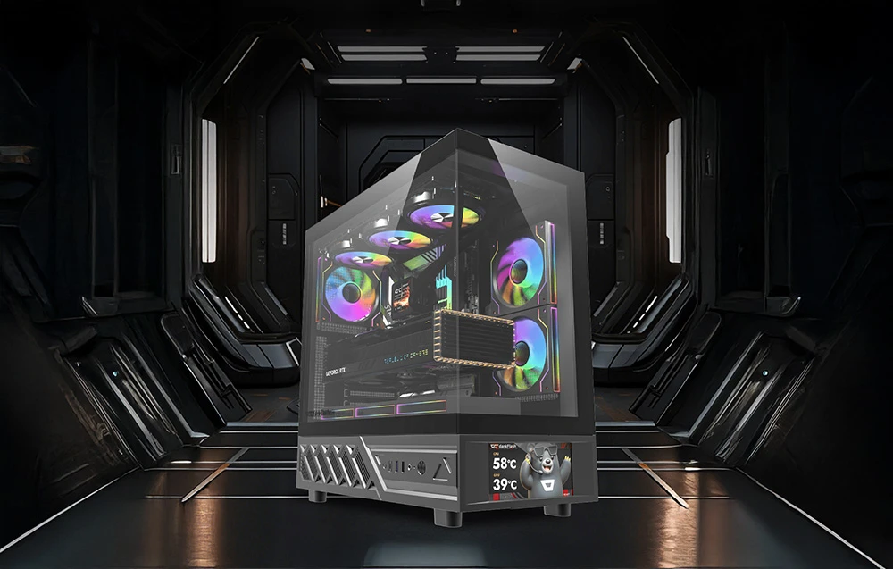„DarkFlash DS950V“ kompiuterio korpusas su ekranu (juodas) + 6 ventiliatoriais aprašymas - Prekės nuotrauka „DarkFlash DS950V“ kompiuterio korpusas su ekranu (juodas) + 6 ventiliatoriais aprašymas - Prekės nuotrauka