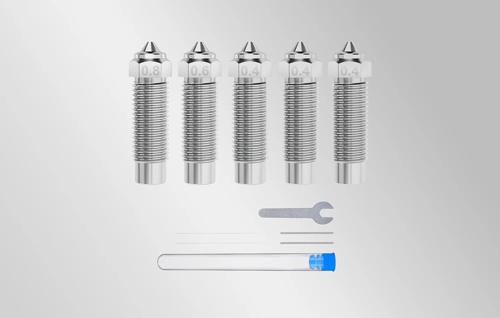 ELEGOO Neptune 4 Plus / 4 Max grūdinto plieno antgalių rinkinys (0.4 mm x 3, 0.6 mm x 1, 0.8 mm x 1) aprašymas - Prekės nuotrauka