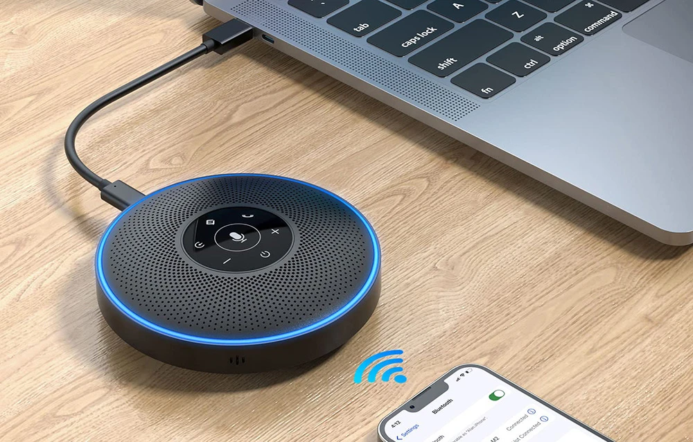 Konferencijų garsiakalbis - Emeet OfficeCore M220 belaidis garsiakalbis (4 mikrofonai, USB-C, Bluetooth, AUX, grandinė, juodas) aprašymas - Prekės nuotrauka