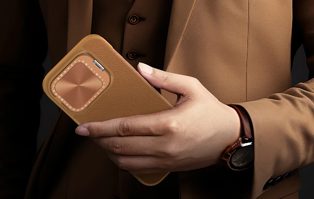 Dėklas Nillkin Qin Prop Leather iPhone 16 (ruda) aprašymas - Prekės nuotrauka