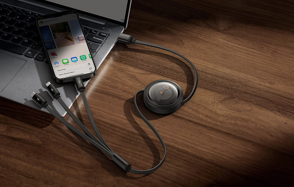 Greito įkrovimo laidas 3in1 Baseus Free2Draw, USB į mikro USB+USB-C+Lightning, 3.5A, 1.1m (juodas) aprašymas - Prekės nuotrauka