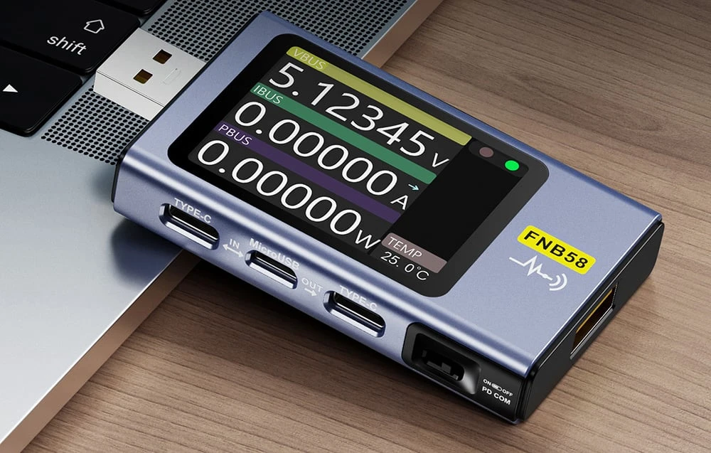FNIRSI FNB58 USB Port Tester, juodos spalvos aprašymas - Prekės nuotrauka