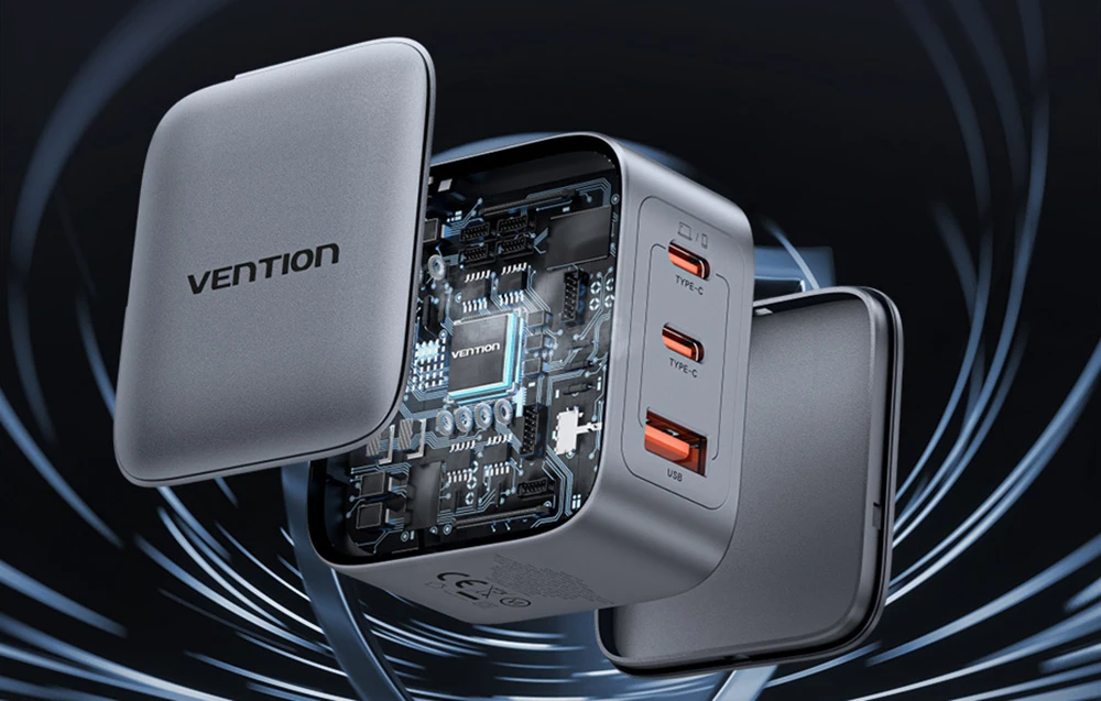 Vention 70W GaN PD 1x USB-A 2x USB-C pilka aprašymas - Prekės nuotrauka Vention 70W GaN PD 1x USB-A 2x USB-C pilka aprašymas - Prekės nuotrauka