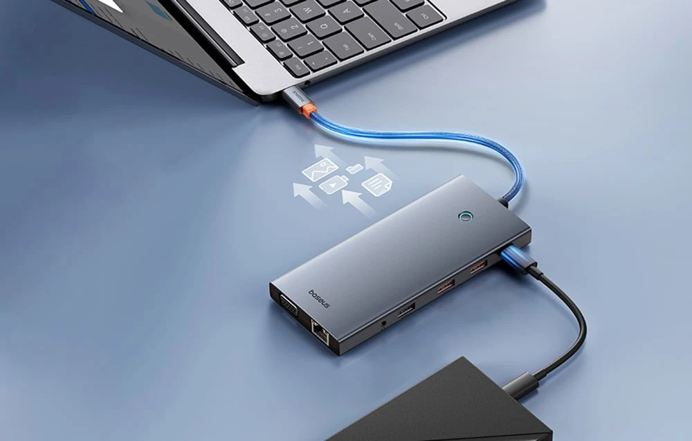 13in1 šakotuvas Baseus PortalJoy USB-C priedas HDMI+DP+VGA+C+USB+PD+RJ45+SD/TF+3.5 mm (pilkas) aprašymas - Prekės nuotrauka