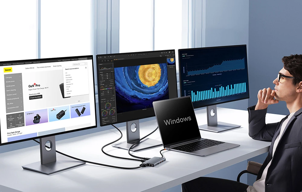 13in1 šakotuvas Baseus PortalJoy USB-C priedas HDMI+DP+VGA+C+USB+PD+RJ45+SD/TF+3.5 mm (pilkas) aprašymas - Prekės nuotrauka