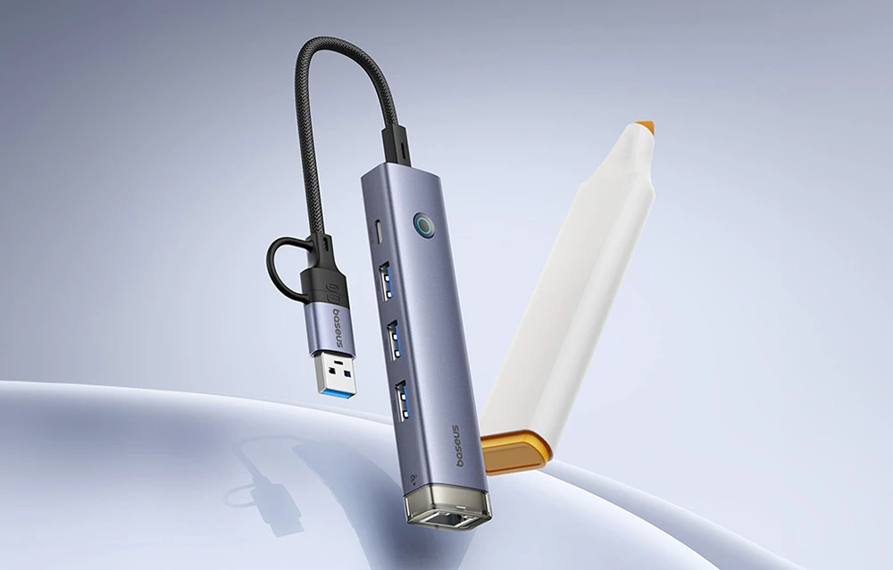 4in1 šakotuvas „Baseus UltraJoy“ su USB-A ir USB-C jungtimis, 3xUSB3.0+USB-C+RJ45 (pilkas) aprašymas - Prekės nuotrauka 4in1 šakotuvas „Baseus UltraJoy“ su USB-A ir USB-C jungtimis, 3xUSB3.0+USB-C+RJ45 (pilkas) aprašymas - Prekės nuotrauka