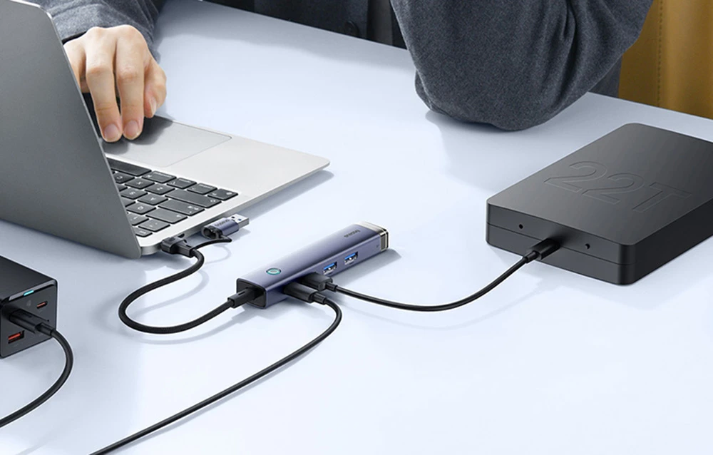 4in1 šakotuvas „Baseus UltraJoy“ su USB-A ir USB-C jungtimis, 3xUSB3.0+USB-C+RJ45 (pilkas) aprašymas - Prekės nuotrauka 4in1 šakotuvas „Baseus UltraJoy“ su USB-A ir USB-C jungtimis, 3xUSB3.0+USB-C+RJ45 (pilkas) aprašymas - Prekės nuotrauka