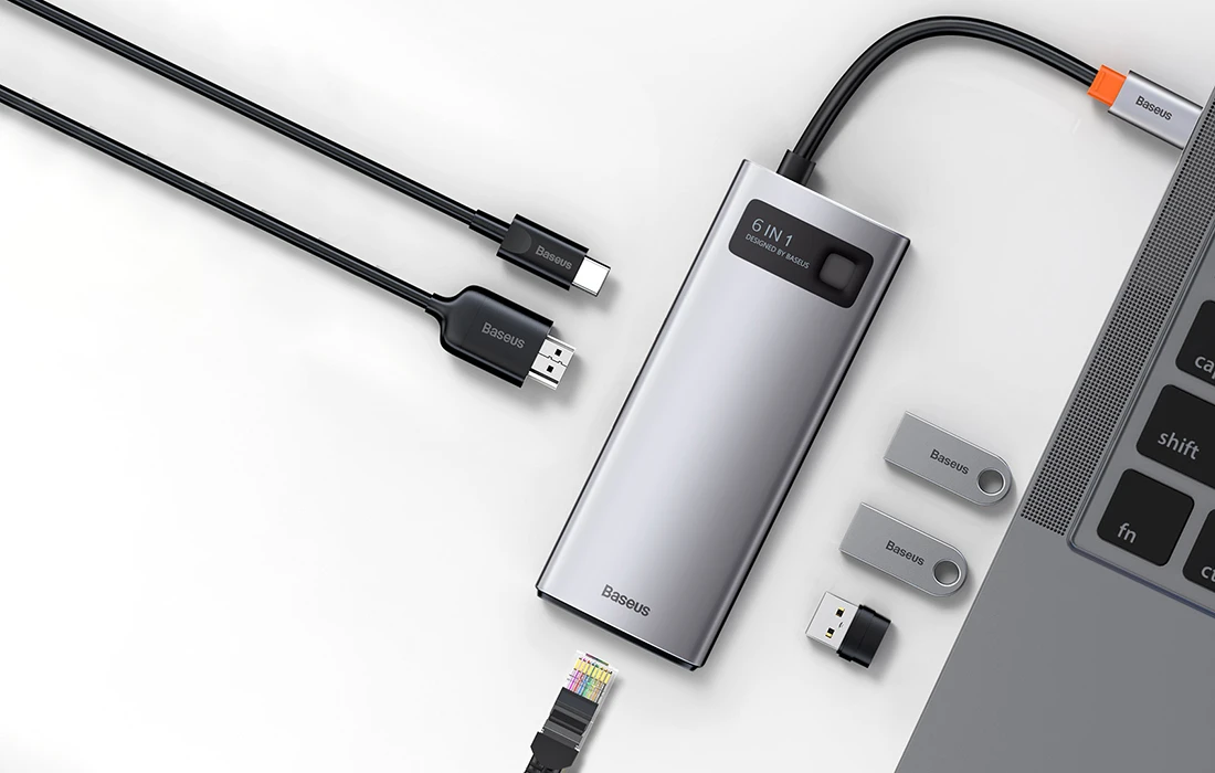 Baseus Metal Gleam serijos 6in1 šakotuvas USB-C - 3x USB 3.0 HDMI USB-C PD Ethernet RJ45 aprašymas - Prekės nuotrauka Baseus Metal Gleam serijos 6in1 šakotuvas USB-C - 3x USB 3.0 HDMI USB-C PD Ethernet RJ45 aprašymas - Prekės nuotrauka