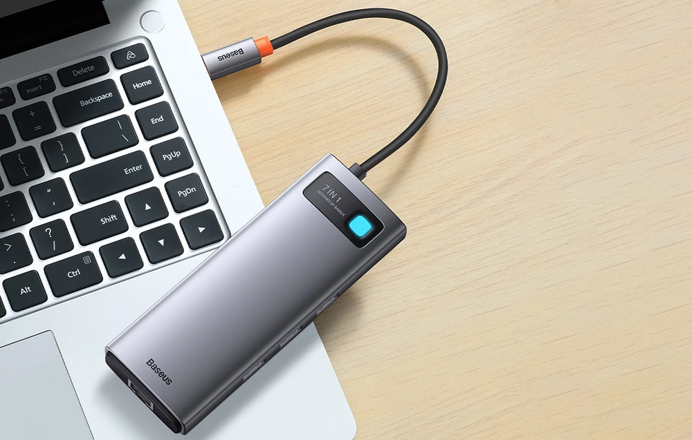 Hub 7in1 Baseus Metal Gleam Series USB-C iki 3x USB 3.0 + HDMI + USB-C PD + VGA + Ethernet RJ45 aprašymas - Prekės nuotrauka