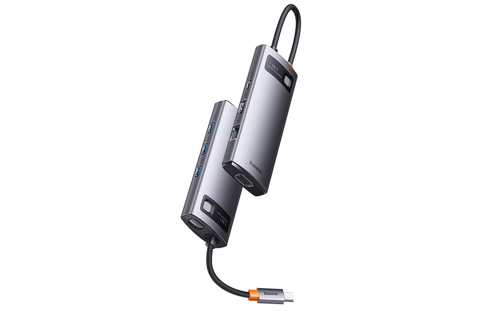 Hub 7in1 Baseus Metal Gleam Series USB-C iki 3x USB 3.0 + HDMI + USB-C PD + VGA + Ethernet RJ45 aprašymas - Prekės nuotrauka