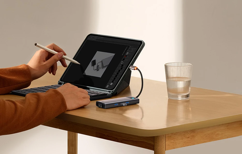 Hub 7in1 Baseus Metal Gleam Series USB-C iki 3x USB 3.0 + HDMI + USB-C PD + VGA + Ethernet RJ45 aprašymas - Prekės nuotrauka