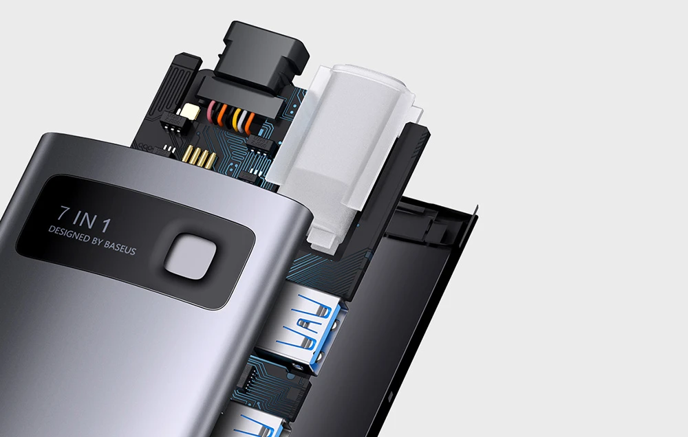 Hub 7in1 Baseus Metal Gleam Series USB-C iki 3x USB 3.0 + HDMI + USB-C PD + VGA + Ethernet RJ45 aprašymas - Prekės nuotrauka