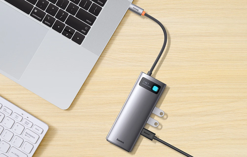 Hub 7in1 Baseus Metal Gleam Series USB-C iki 3x USB 3.0 + HDMI + USB-C PD + VGA + Ethernet RJ45 aprašymas - Prekės nuotrauka