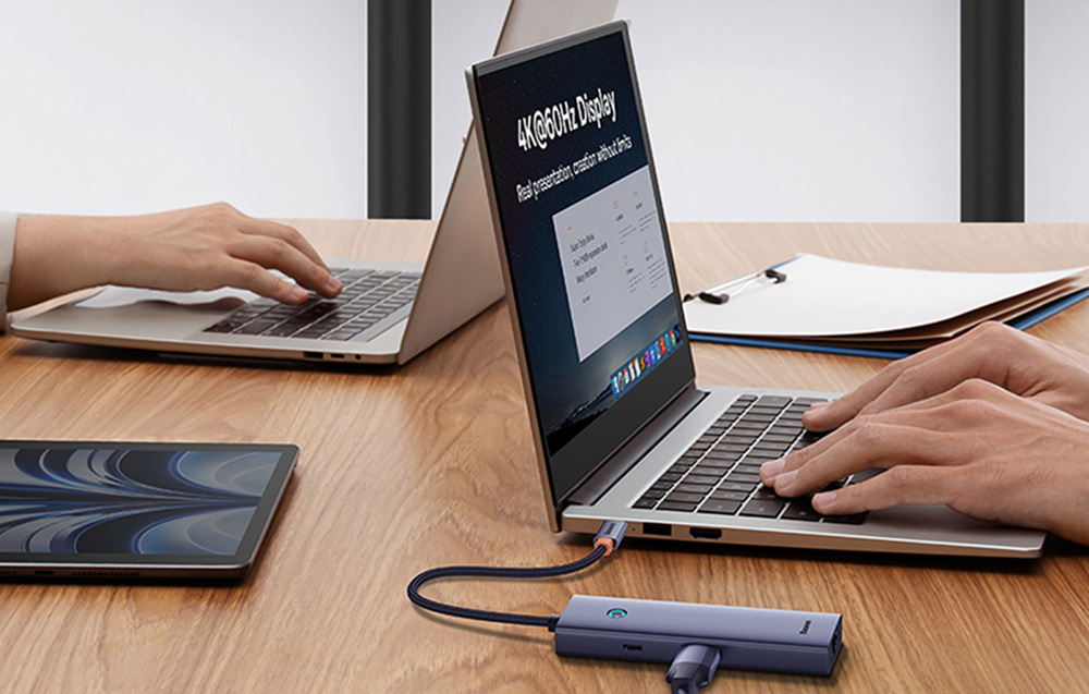 „Baseus UltraJoy“ 7 prievadų šakotuvas 7w1 (USB-C į 1xHDMI4K@30Hz + 2xUSB 3.0 + 1xPD +RJ45 + SD/TF3.0) aprašymas - Prekės nuotrauka