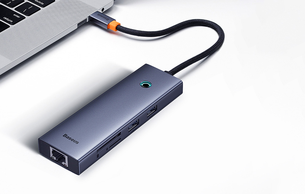 „Baseus UltraJoy“ 7 prievadų šakotuvas 7w1 (USB-C į 1xHDMI4K@30Hz + 2xUSB 3.0 + 1xPD +RJ45 + SD/TF3.0) aprašymas - Prekės nuotrauka