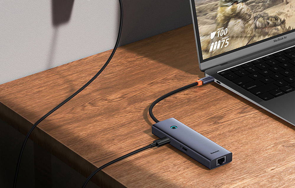 „Baseus UltraJoy“ 7 prievadų šakotuvas 7w1 (USB-C į 1xHDMI4K@30Hz + 2xUSB 3.0 + 1xPD +RJ45 + SD/TF3.0) aprašymas - Prekės nuotrauka