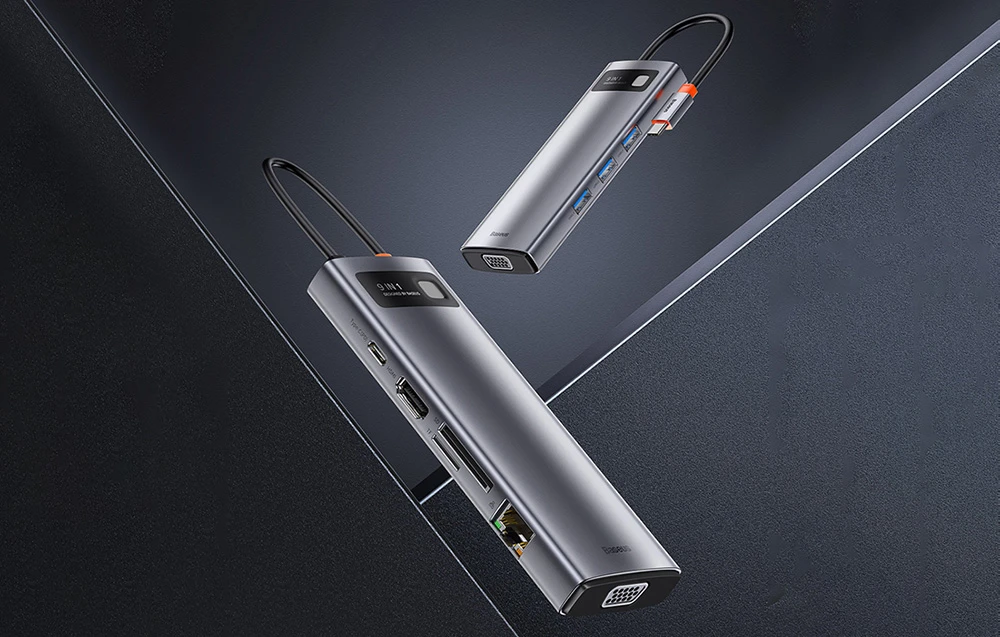 Šakotuvas 9in1 Baseus Metal Gleam Series, USB-C į 3x USB 3.0 + HDMI + USB-C PD + Ethernet RJ45 + Micro SD/SD + VGA aprašymas - Prekės nuotrauka Šakotuvas 9in1 Baseus Metal Gleam Series, USB-C į 3x USB 3.0 + HDMI + USB-C PD + Ethernet RJ45 + Micro SD/SD + VGA aprašymas - Prekės nuotrauka