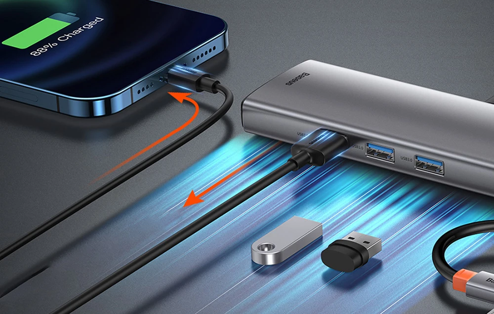 Šakotuvas 9in1 Baseus Metal Gleam Series, USB-C į 3x USB 3.0 + HDMI + USB-C PD + Ethernet RJ45 + Micro SD/SD + VGA aprašymas - Prekės nuotrauka Šakotuvas 9in1 Baseus Metal Gleam Series, USB-C į 3x USB 3.0 + HDMI + USB-C PD + Ethernet RJ45 + Micro SD/SD + VGA aprašymas - Prekės nuotrauka