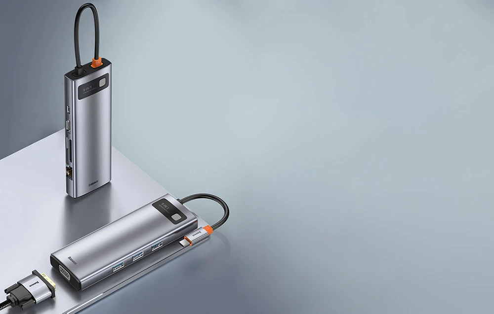 Šakotuvas 9in1 Baseus Metal Gleam Series, USB-C į 3x USB 3.0 + HDMI + USB-C PD + Ethernet RJ45 + Micro SD/SD + VGA aprašymas - Prekės nuotrauka Šakotuvas 9in1 Baseus Metal Gleam Series, USB-C į 3x USB 3.0 + HDMI + USB-C PD + Ethernet RJ45 + Micro SD/SD + VGA aprašymas - Prekės nuotrauka