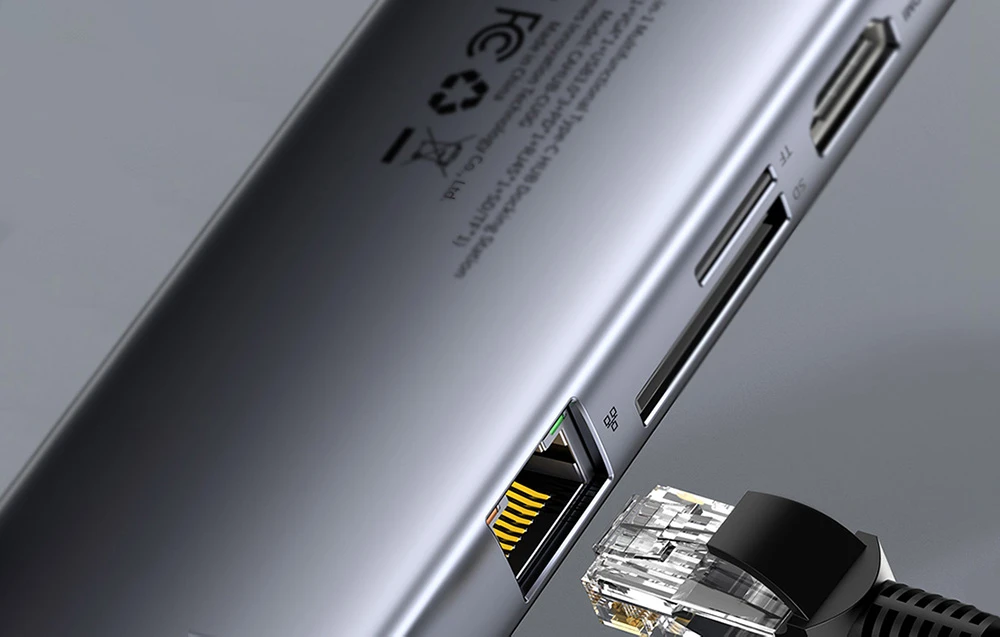 Šakotuvas 9in1 Baseus Metal Gleam Series, USB-C į 3x USB 3.0 + HDMI + USB-C PD + Ethernet RJ45 + Micro SD/SD + VGA aprašymas - Prekės nuotrauka Šakotuvas 9in1 Baseus Metal Gleam Series, USB-C į 3x USB 3.0 + HDMI + USB-C PD + Ethernet RJ45 + Micro SD/SD + VGA aprašymas - Prekės nuotrauka