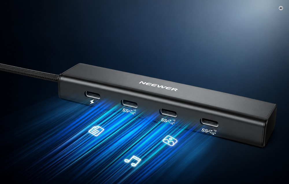 USB Šakotuvas - NEEWER PS020E 4 Prievadų USB-C, Juodas aprašymas - Prekės nuotrauka