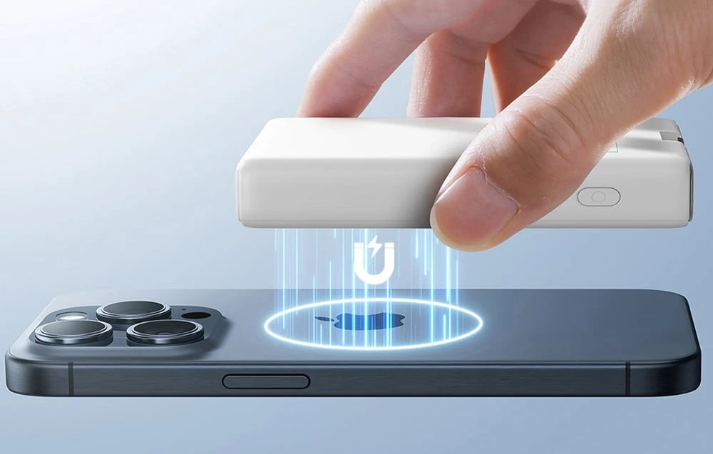 Powerbank Joyroom JR-PBM01 magnetic 10000mAh 20W su stoveliu + Lightning kabelis - USB-C - baltos spalvos aprašymas - Prekės nuotrauka Powerbank Joyroom JR-PBM01 magnetic 10000mAh 20W su stoveliu + Lightning kabelis - USB-C - baltos spalvos aprašymas - Prekės nuotrauka