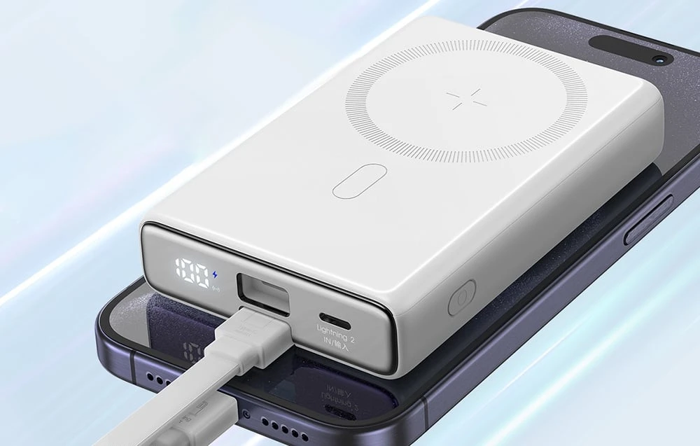 Powerbank Joyroom JR-PBM01 magnetic 10000mAh 20W su stoveliu + Lightning kabelis - USB-C - baltos spalvos aprašymas - Prekės nuotrauka Powerbank Joyroom JR-PBM01 magnetic 10000mAh 20W su stoveliu + Lightning kabelis - USB-C - baltos spalvos aprašymas - Prekės nuotrauka