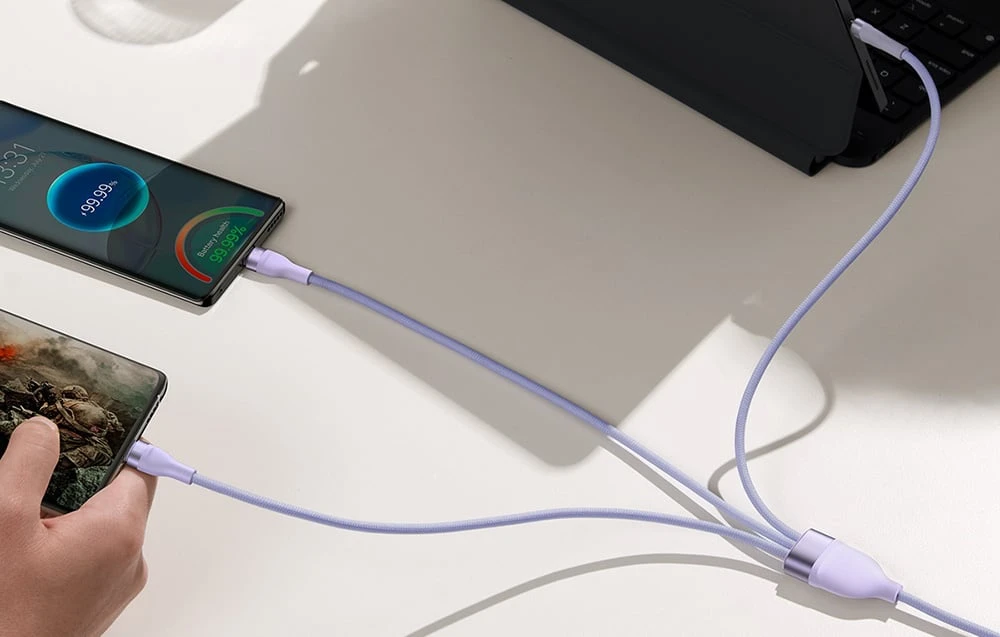 Baseus Flash Series 2 trys viename kabelis USB-C + mikro USB + Lightning violetinis 100 W, 1.5 m aprašymas - Prekės nuotrauka